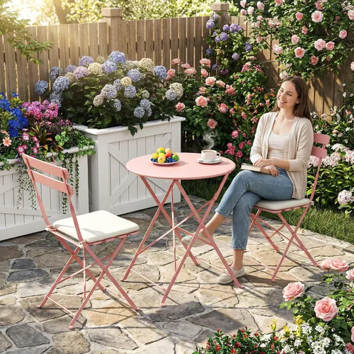 Miniatura 7 de Juego de 3 piezas de muebles de patio para exteriores, mesa y sillas plegables con marco de acero de primera calidad, resistente a la intemperie