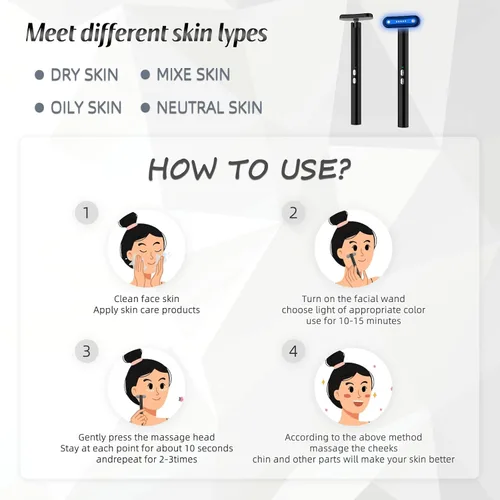 Miniatura 4 de Fxtiaa Terapia de Luz LED, Varita de Cuidado de la Piel Facial de 7 Colores con Masajeador Facial, Terapia de Rejuvenecimiento de la Piel Facial LED