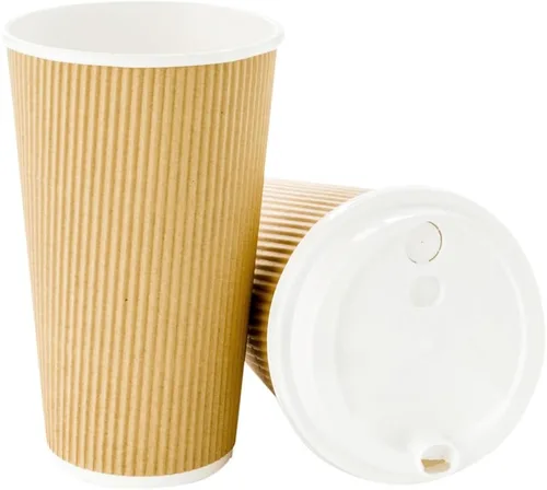 Miniatura 11 de Restaurantware Vasos de café desechables de pared ondulada de 16 onzas, 500 vasos de papel kraft aislados con diseño de borde enrollado, las tapas