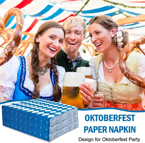 Miniatura 4 de Whaline Paquete de 80 servilletas de almuerzo Oktoberfest a cuadros azules y blancos, servilletas de papel desechables decorativas para postre