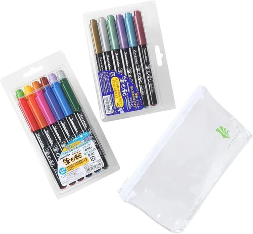 Fudebiyori Fude - Bolígrafo de pincel, paquete de 2 (CBK-55ME/6V, CBK-55/12V), juego de 18 colores