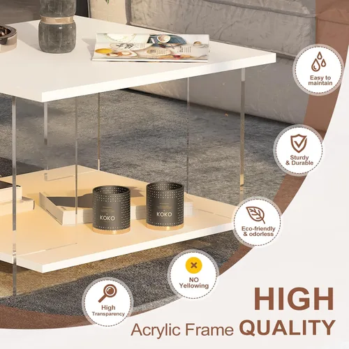 Miniatura 3 de HedoAjim Mesa de café de 24" de acrílico con tablero de madera blanca, mesa central minimalista y moderna de estilo cuadrado para la sala de estar
