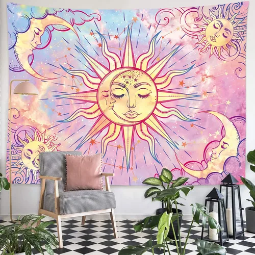 Ohjijinn Tapiz rosa pastel de sol y luna – Celestial ardiente sol estético mariposa teñido anudado colgante de pared para niña, decoración del
