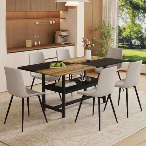 Miniatura 13 de Juego de mesa de comedor de 71 pulgadas para 6 personas con estante de almacenamiento, juego de mesa de comedor rectangular industrial moderna