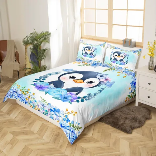 Miniatura 3 de Manfei Juego de funda de edredón de pingüino de dibujos animados para niños, tamaño King, bonito juego de ropa de cama de animales de poste ártico