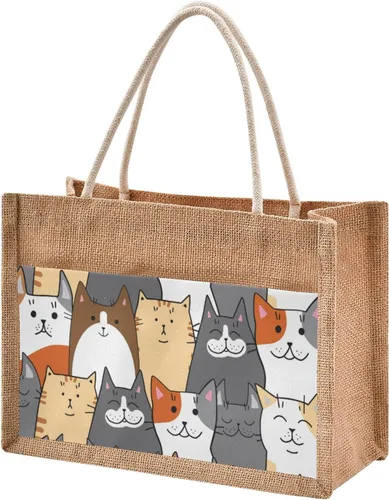CaTaKu Divertida bolsa de yute con asas y cremallera para gatos, bolsa de arpillera reutilizable con bolsillo frontal de lona, regalo para bodas, 12