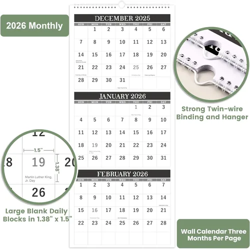 Miniatura 3 de Calendario de pared 2026, calendario de pared de 3 meses (plegado en un mes), enero de 2026 a diciembre de 2026, 11.25 x 26 pulgadas, calendario