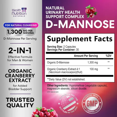 Miniatura 2 de Suplemento de D-manosa – 1,300 mg de manosa D orgánica por porción con extracto de arándano orgánico – Soporte urinario y vejiga natural de acción