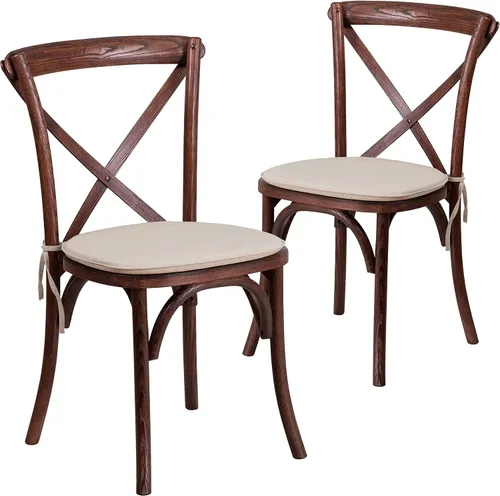 Miniatura 12 de Flash Furniture HERCULES Series Silla apilable de madera americana con respaldo cruzado con cojín Temprano americano