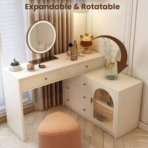 Miniatura 3 de Escritorio de tocador con espejo iluminado LED, mesa de maquillaje con cajón grande y gabinete, 3 modos de iluminación de brillo ajustable, tocador