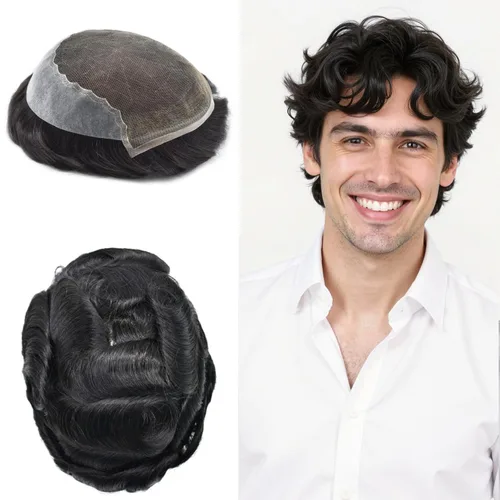 Miniatura 124 de Toupee - Sistemas de reemplazo de cabello para hombre, encaje frontal suizo, nudo blanqueado, pieza de cabello humano natural 1# negro azabache, 8 x