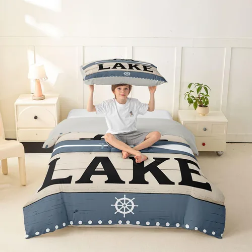 Miniatura 4 de Erosebridal Lake House Twin Bed Set for Boys Girls Kids, Blue and Beige Lakehouse 2Pcs Duvet Cover with Zipper, Rustic Farmhouse Bedding Sets