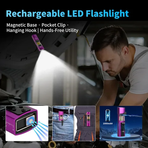 Miniatura 6 de Linterna EDC recargable de 365 nm con RGB, mini linterna LED magnética de 1500 lúmenes, linterna de bolsillo con memoria de modo para trabajar