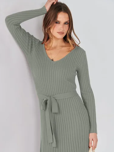 Miniatura 7 de ANRABESS Vestido tipo suéter de manga larga con cuello en V para mujer, plisado, ajustado, acanalado, de punto, con cinturón