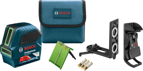 Bosch GLL 100 GX Láser de línea cruzada autonivelante de haz verde de 100 pies, incluye 3 pilas AA, dispositivo de posicionamiento, placa objetivo