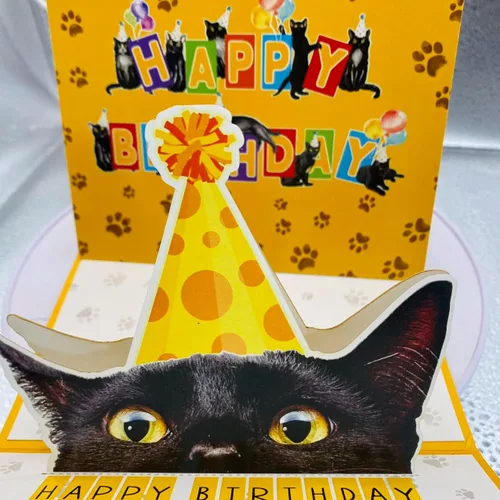Miniatura 7 de Tarjeta de cumpleaños de gato negro, tarjeta desplegable 3D con sobre, tarjeta de felicitación de feliz cumpleaños para amantes de los gatos