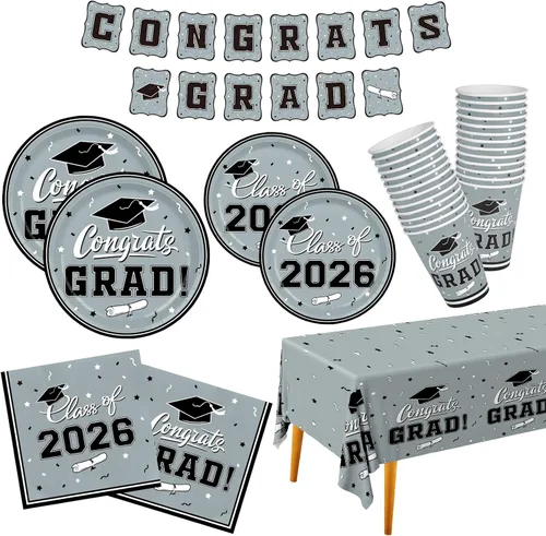 Miniatura 13 de Gatherfun suministros para fiesta de graduación 2022, para 25 comensales, vajilla roja y desechable de papel, con platos, servilletas, vasos, mantel