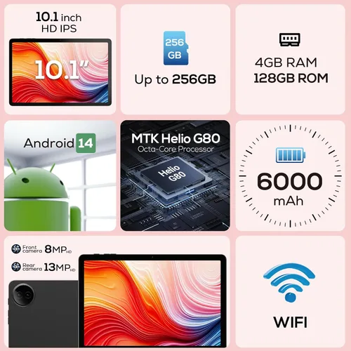Miniatura 2 de DigiLand Tableta, tableta Android gris con procesador octa-core HD de 10.1 pulgadas 2025, 12 GB de RAM, 128 GB ROM, BT 5.0, cámara dual, tableta