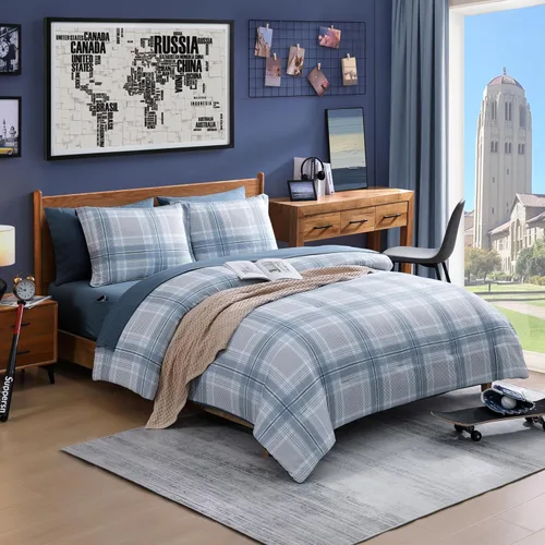 Miniatura 15 de AMBERSPACE Juego de edredón tamaño matrimonial, juego de ropa de cama a cuadros azul gris de 7 piezas para niños, niñas y adolescentes, juego