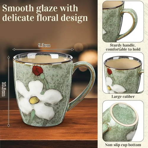 Miniatura 2 de Maxdot Juego de tazas de café de cerámica de 12 onzas, proceso de acristalamiento, taza de capuchino, tazas de té de cerámica floral, regalo
