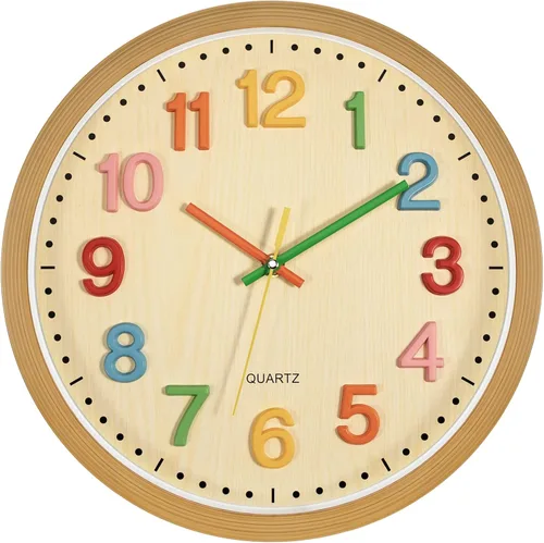 Foxtop Reloj de pared silencioso para niños, funciona con pilas, sin tictac, reloj colorido para niños, para aula, sala de juegos, habitación