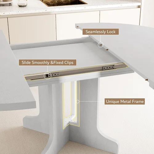 Miniatura 4 de iPormis Juego de mesa de comedor redonda de 5 piezas para 4-6, juego de mesa de comedor extensible de 59 pulgadas con 2 sillas ergonómicas y 2 Blanco