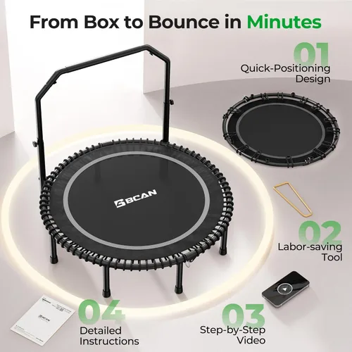 Miniatura 7 de BCAN BT2 - Mini trampolín de rebote de 450/550 libras para adultos con barra, trampolín de fitness con cuerdas elásticas, mango ajustable, estable