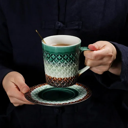 Miniatura 3 de CAPIJIONG 6.8 fl oz/6.67oz Vintage Cerámica Horno Taza de Café Set Creativo Simple Taza de Leche para Oficina Hogar Restaurante Café-Azul Esmalte