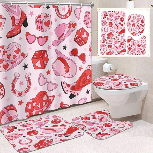 Miniatura 9 de Juego de cortinas de ducha de baño con 12 ganchos, corazón de vaquera rosa de San Valentín, decoración de baño, retro años 60 y 70 S, estética