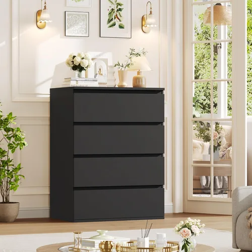 Miniatura 5 de FOTOSOK Cómoda Negra, Cómoda de 4 Cajones Cofre de Almacenamiento Moderno de Cajones 23.6L x 15.7A x 31.5Al pulg, Cómodas Negras Gabinete