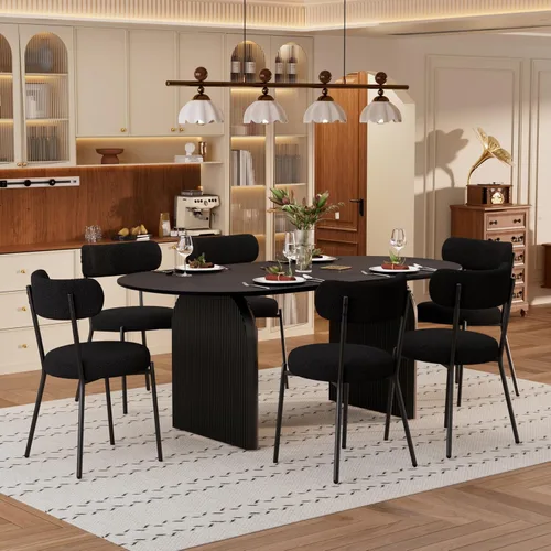 Juego de mesa de comedor ovalada moderna de 70 pulgadas con 6 sillas de tela Boucle, mesa de MDF y base resistente a rayas, muebles de cocina y
