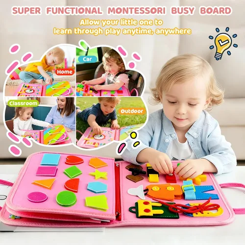 Miniatura 5 de Tabla de actividades Montessori para niños pequeños de 1 a 3 años, regalo de cumpleaños para niñas, tablero de libros Montessori educativo Rosa