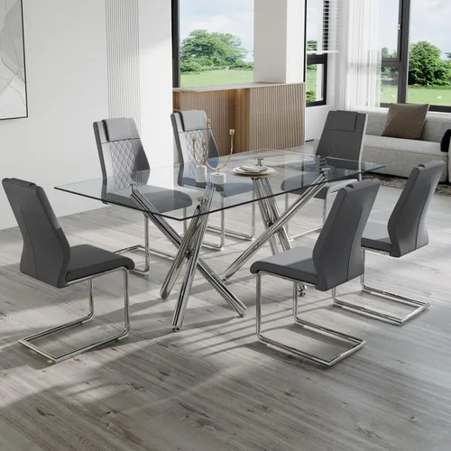 Miniatura 24 de Ebullient Moderno juego de mesa de comedor para 6, mesa de comedor de cristal de 71 pulgadas y patas de mesa de metal dorado, mesas de comedor