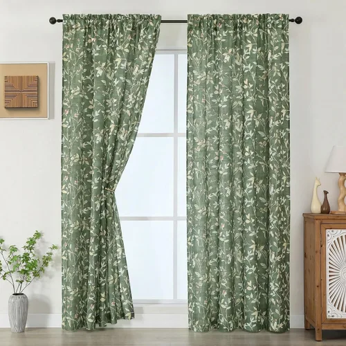 Miniatura 20 de Chyhomenyc Cortinas de mezcla de lino de 63 pulgadas de largo, 2 paneles de cortina con estampado floral filtrante de luz para sala de estar