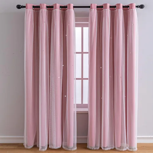 Miniatura 9 de FANLI 2 paneles de cortinas opacas de estrellas para dormitorio de niñas, sala de estar, rayas oscurecedoras, doble capa, estrellas caladas