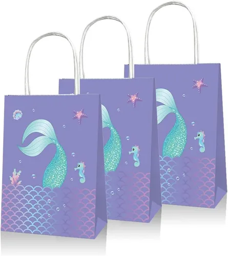 YOMINY Bolsas de fiesta de sirena, 12 paquetes de bolsas de papel de regalo de sirena y bolsas de papel para fiesta temática de sirena, suministros