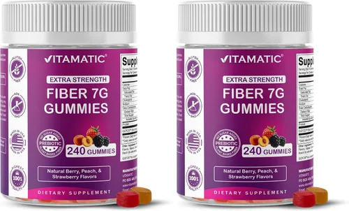 Miniatura 10 de Vitamatic Gomitas de fibra prebiótica para adultos, 7G de fuerza extra, sin azúcar añadida, 240 gomitas a base de pectina, apoyo para la salud