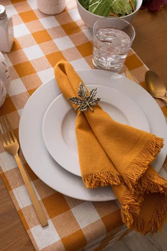 Miniatura 4 de DII - Colección de mesa con flecos pesados y cuadros, camino de mesa, 14x72 pulgadas, calabaza y especias Naranja
