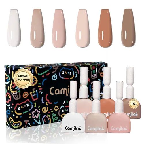CAMILA ¿ Juego de 6 esmaltes de uñas de gel sin Tpo de 0.5 fl oz sin Hema de colores neutros color nude claro para remojar el esmalte de gel LED,