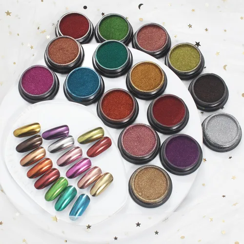 Miniatura 3 de Artdone 16 tarros de polvo de perlas cromadas para uñas plateadas y doradas, espejo iridiscente aurora, pigmento metálico para uñas, pigmento