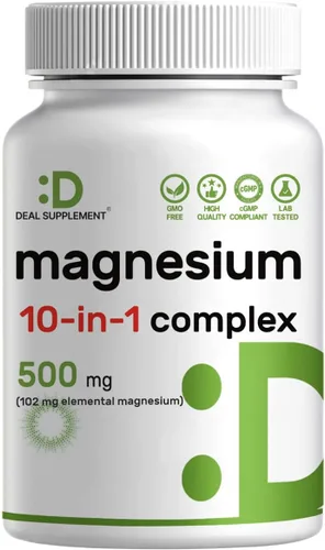 Complejo de magnesio de 500 mg, 240 cápsulas vegetales – 10 en 1 glicinato, citrato, malato, óxido y más – 100% quelado para una fácil absorción –