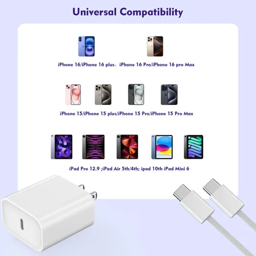 Miniatura 2 de [Paquete de 3] Cargador largo de 10 pies para iPhone 17 16e 15, bloque de cargador de pared de carga rápida de 20W, cable trenzado tejido USB C a C