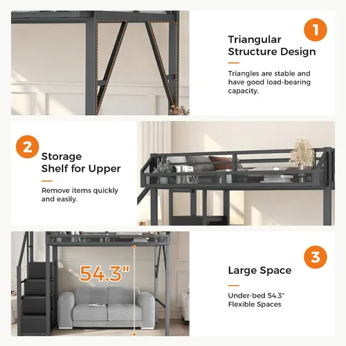Miniatura 5 de Cama tipo loft de tamaño matrimonial con escaleras de almacenamiento integradas, armario, marco de cama alta de metal con barandilla lateral