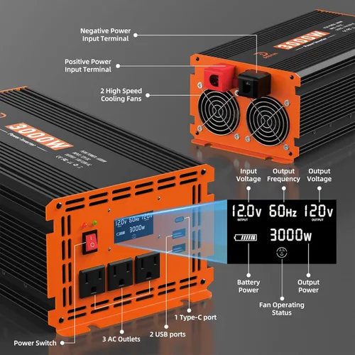 Miniatura 3 de Inversor de corriente de 3000 W de 12 V CC a 110 V/120 V CA convertidor para RV/camión/barco/campamento/inversor de energía solar fuera de la red