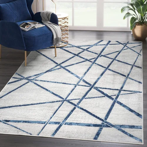 Abani Atlas - Alfombra de área azul y gris, de 4 x 6 pies, diseño cruzado, duradera, no desprende pelusa, fácil de limpiar