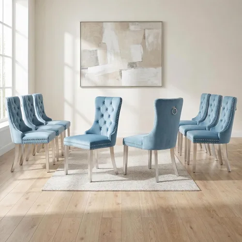 Miniatura 41 de OVENTA Juego de 4 sillas de comedor modernas tapizadas copetudas, terciopelo negro y gris y cuero con patas de madera maciza, sillas de cocina