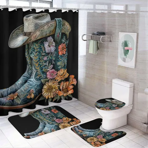Miniatura 11 de Juego de 4 cortinas de ducha con gorro de bota con alfombras, cubierta para tapa de inodoro y tapete de baño, diseño de vaquero occidental
