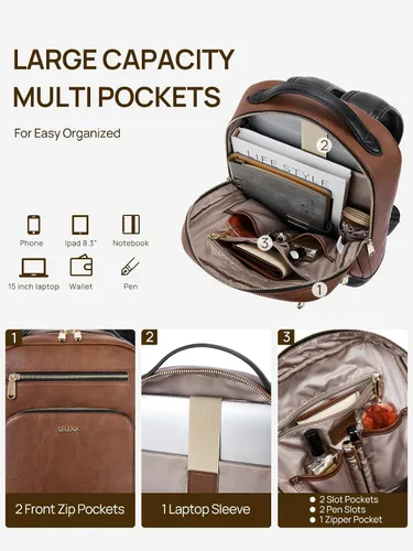 Miniatura 2 de Telena Mochila de cuero para laptop para mujeres y hombres, bolsa de computadora de 15 pulgadas, estilo vintage, trabajo, negocios, para profesores