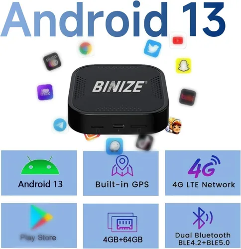 Miniatura 3 de Binize - Caja de Video Multimedia Inalámbrica CarPlay y Android AUTO, Celular 4G, 4GB+64GB, 8 Núcleos, Navegación Integrada Android 13, Soporte SIM