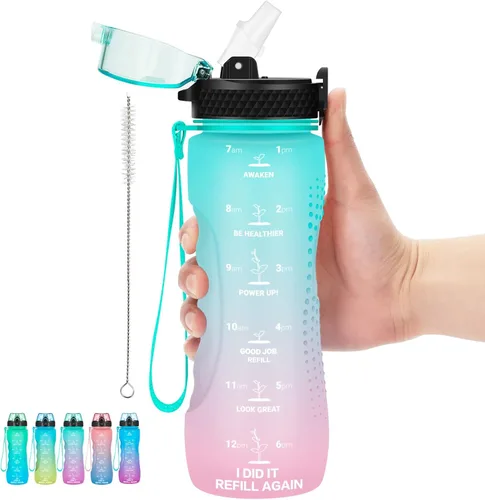 Miniatura 21 de Botella de agua motivacional para niños de 24 onzas con marcador de tiempo, tapa de pajilla, a prueba de fugas, botella de agua deportiva Tritan sin
